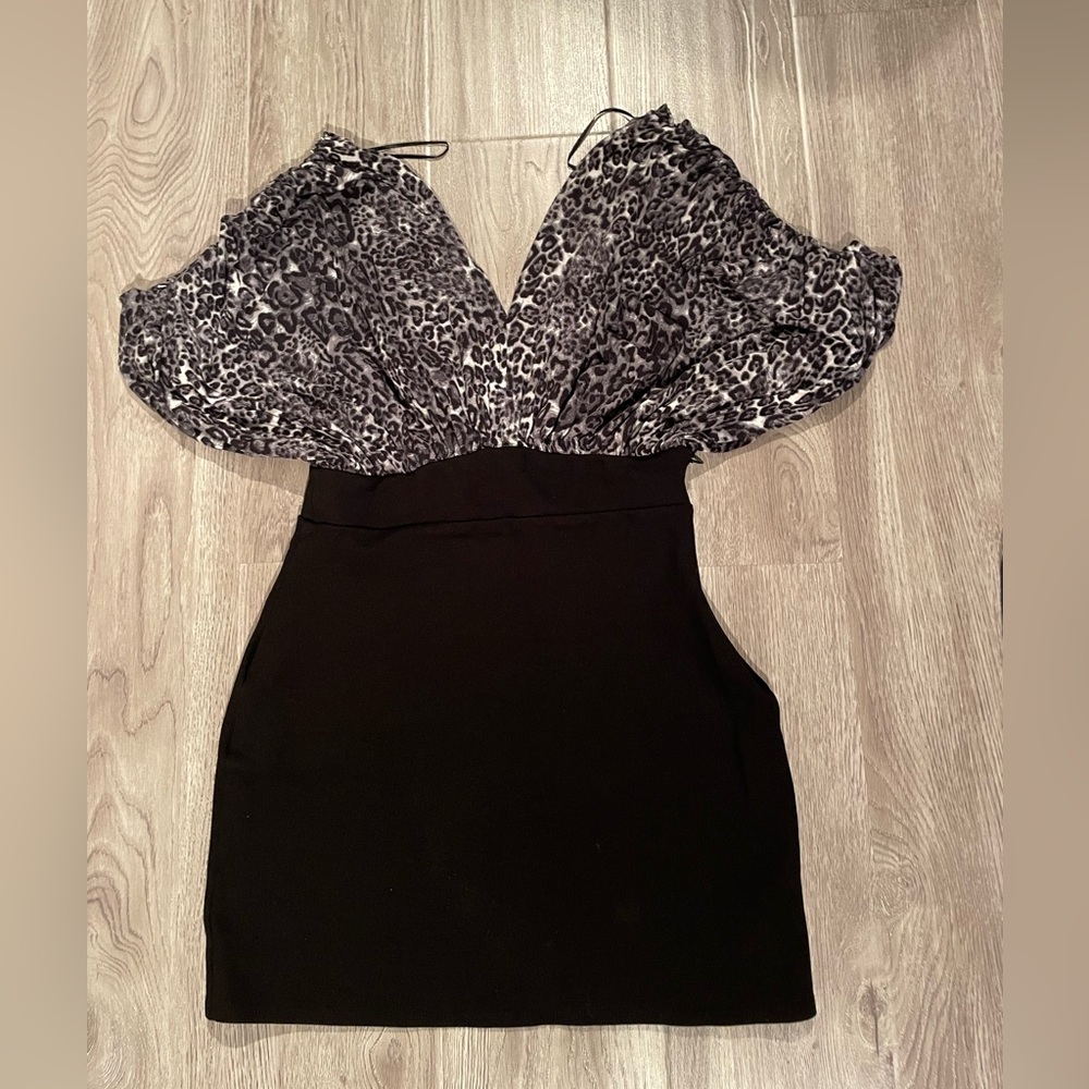 Le Chateau black fitted dress with grey-blue animal print off shoulder top